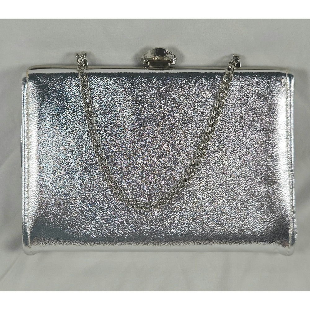 VTG Silver Metallic Evening Bag Purse Rhinestone Clasp Chain Handle Formal